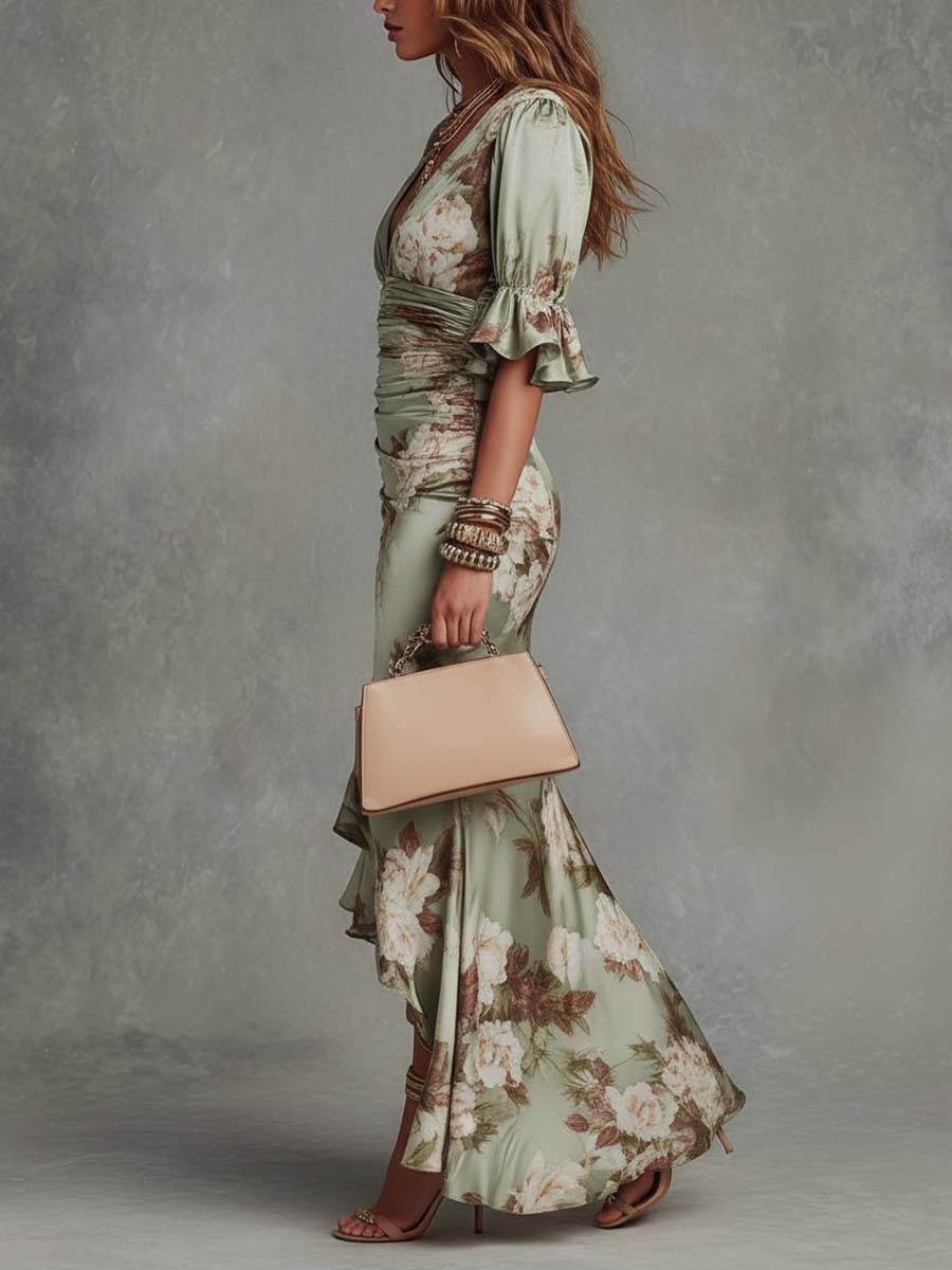 Anne | Vestido largo asimétrico de satén verde con escote en V, mangas abullonadas y estampado floral — foto 2