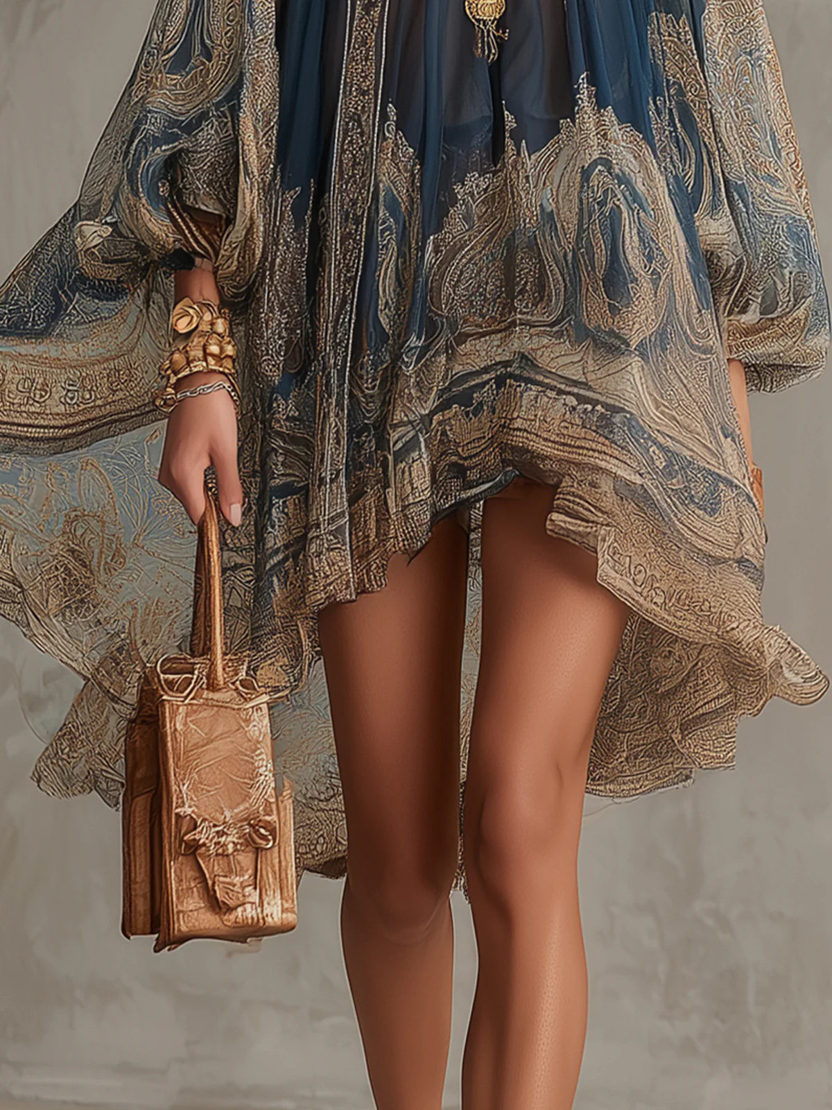 Agathe | Vestido corto asimétrico de muselina azul marino con cuello alto y estampado barroco — foto 5