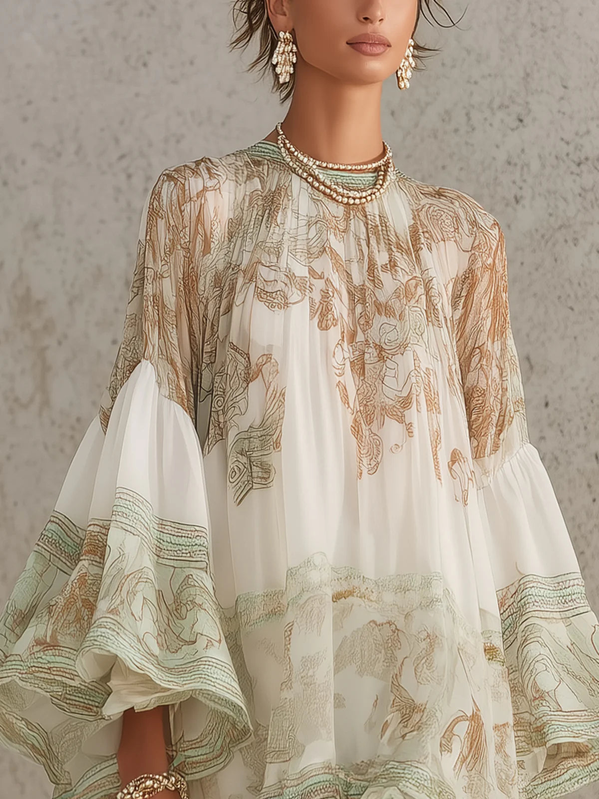 Solange | Vestido corto asimétrico de muselina verde con volantes y mangas campana — foto 4