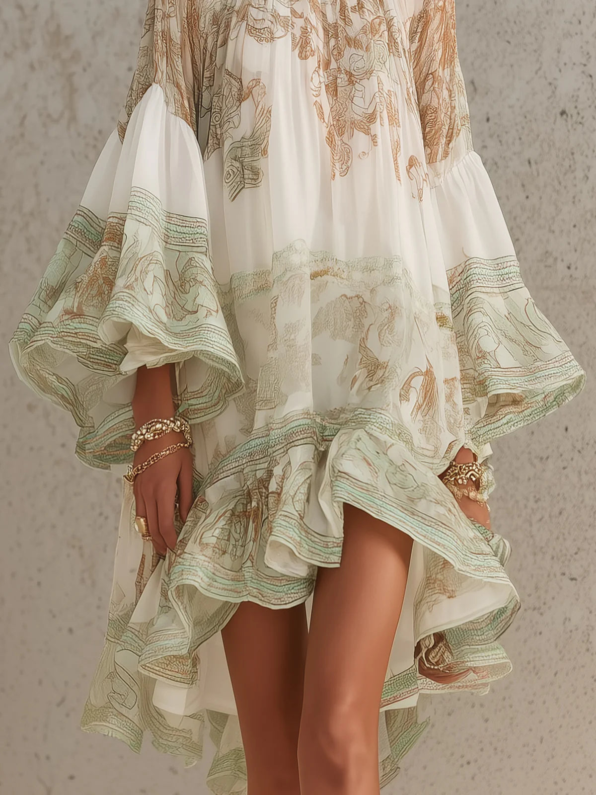 Solange | Vestido corto asimétrico de muselina verde con volantes y mangas campana — foto 5