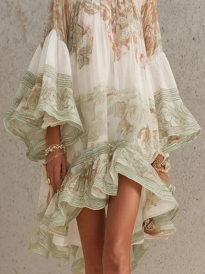 Solange | Vestido corto asimétrico de muselina verde con volantes y mangas campana — foto 5