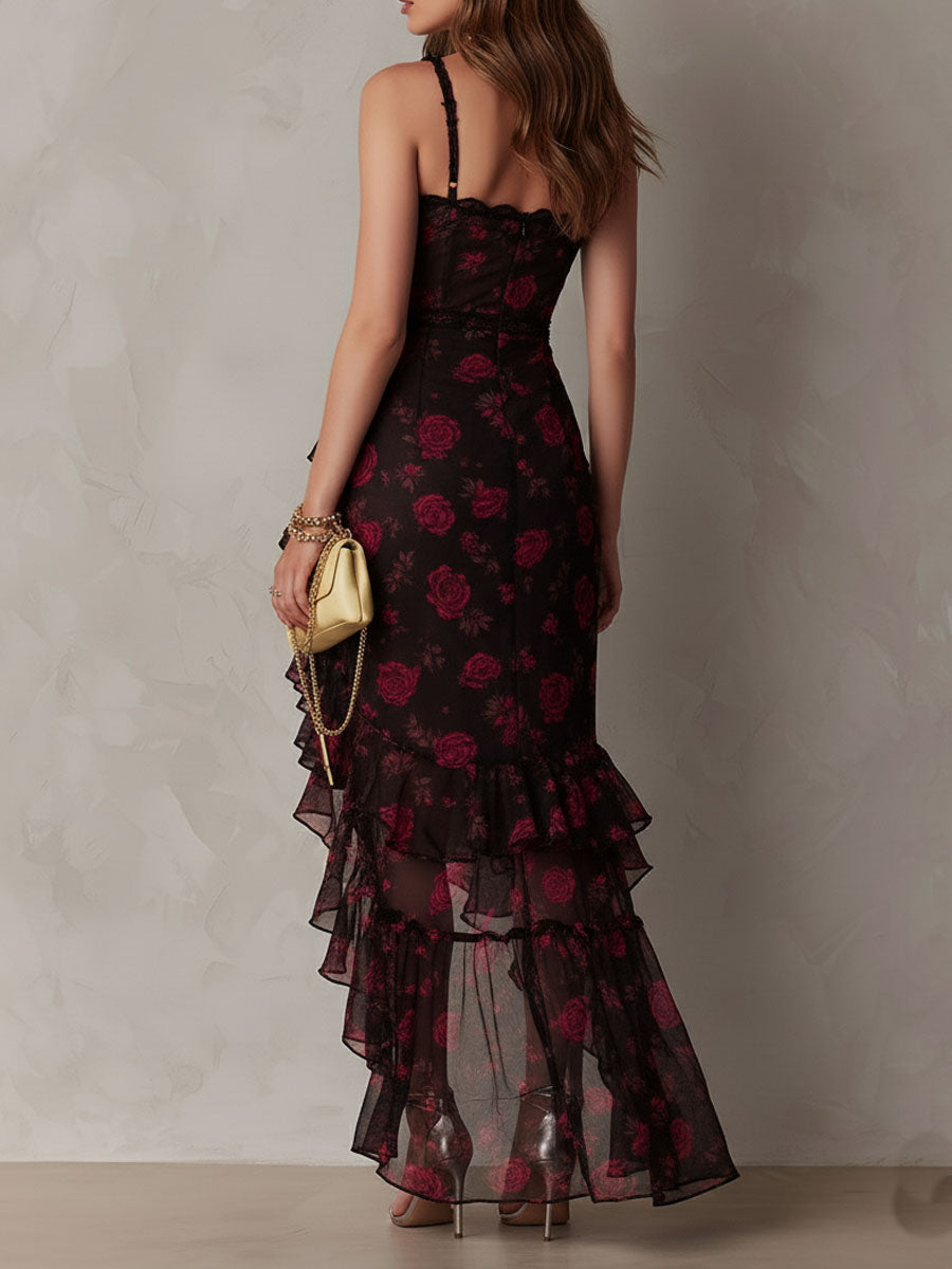 Edith | Vestido corto drapeado negro y rojo con flores y bajo de volantes — foto 5