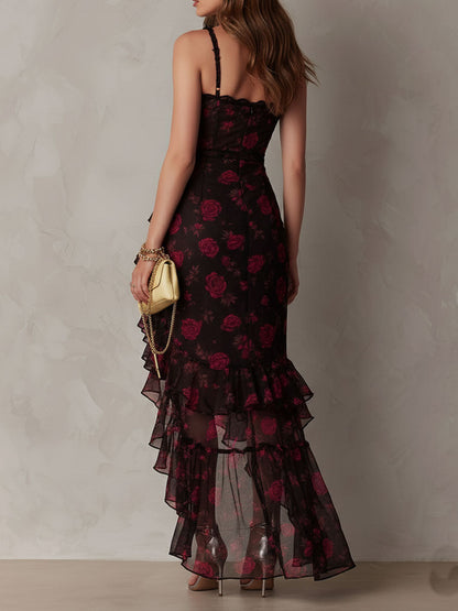 Edith | Vestido corto drapeado negro y rojo con flores y bajo de volantes — foto 5