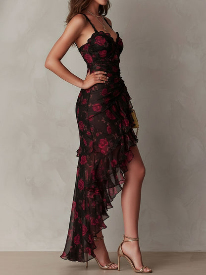 Edith | Vestido corto drapeado negro y rojo con flores y bajo de volantes — foto 4
