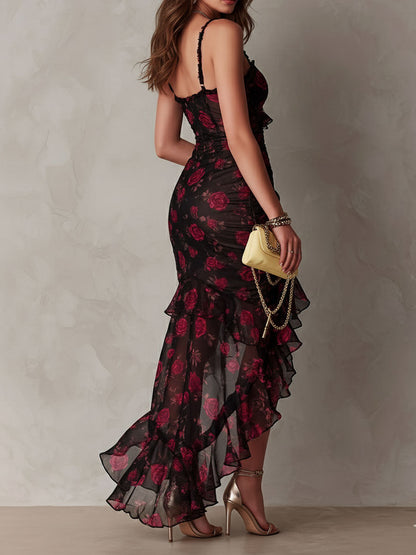 Edith | Vestido corto drapeado negro y rojo con flores y bajo de volantes — foto 3
