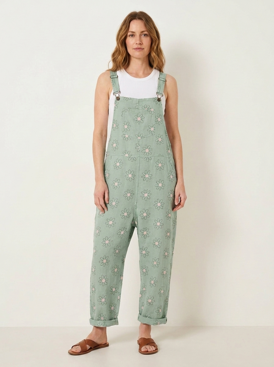 Margot | Jardineros de lino color menta con estampado de margaritas