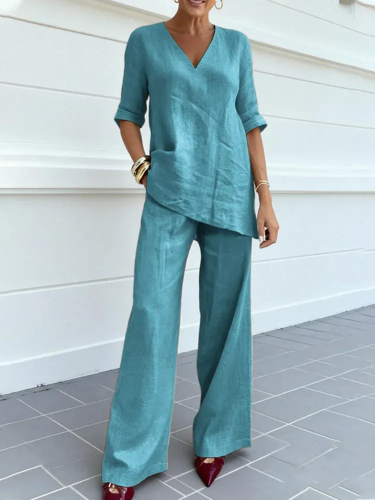 Susana | Conjunto de dos piezas con top de manga corta y pantalones rectos