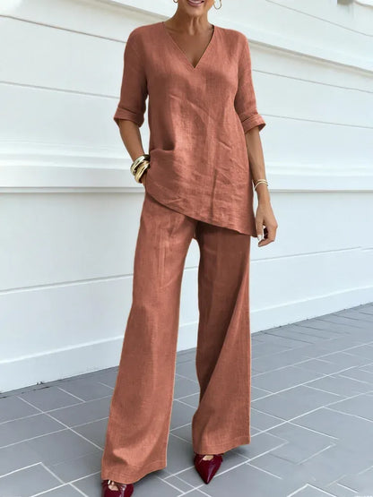 Susana | Conjunto de dos piezas con top de manga corta y pantalones rectos