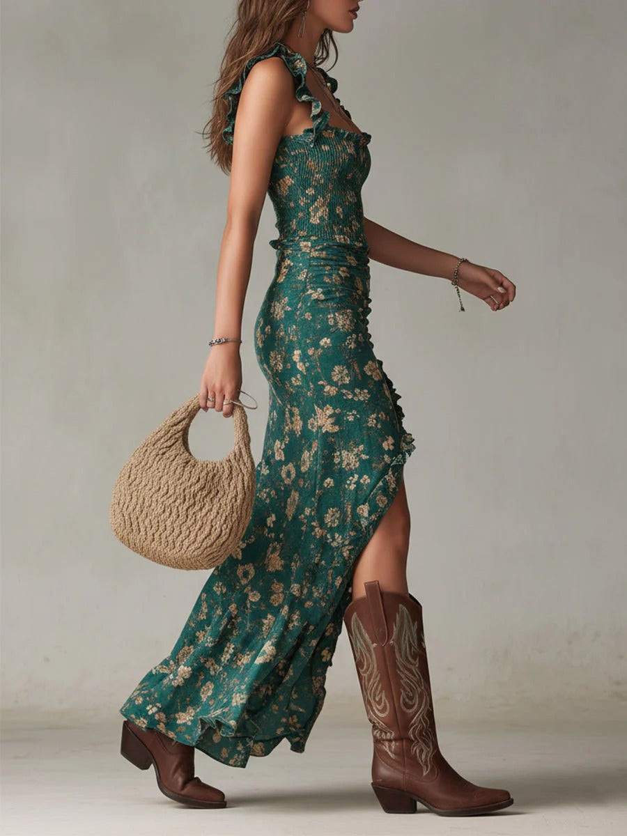 Capucine | Vestido maxi bohemio fruncido con estampado floral y abertura lateral — foto 5