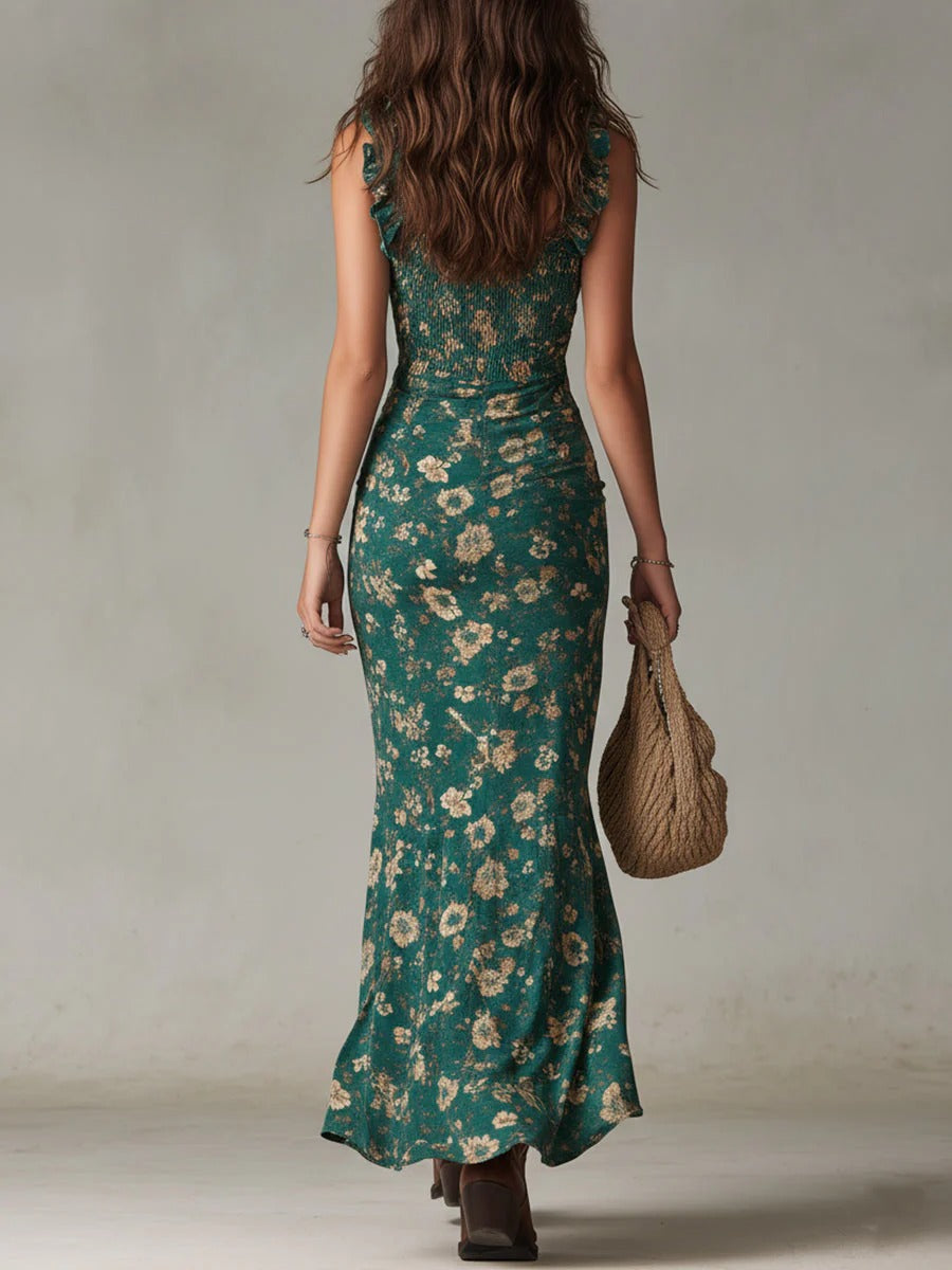 Capucine | Vestido maxi bohemio fruncido con estampado floral y abertura lateral — foto 6