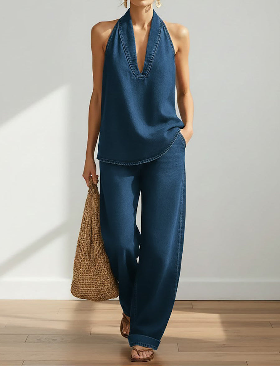 Ivy | Conjunto de denim de dos piezas con efecto vintage lavado suave