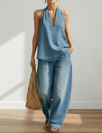 Ivy | Conjunto de denim de dos piezas con efecto vintage lavado suave