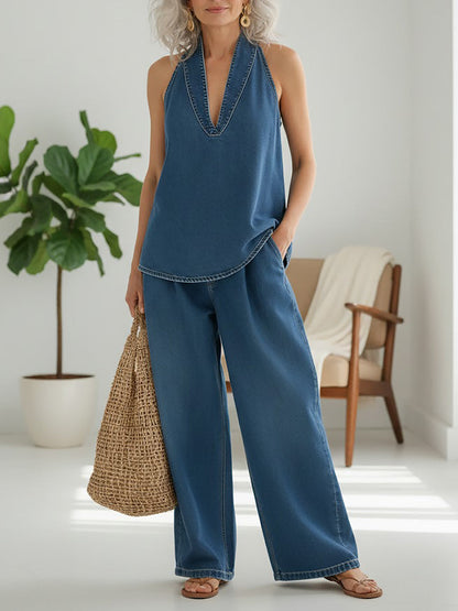 Ivy | Conjunto de denim de dos piezas con efecto vintage lavado suave
