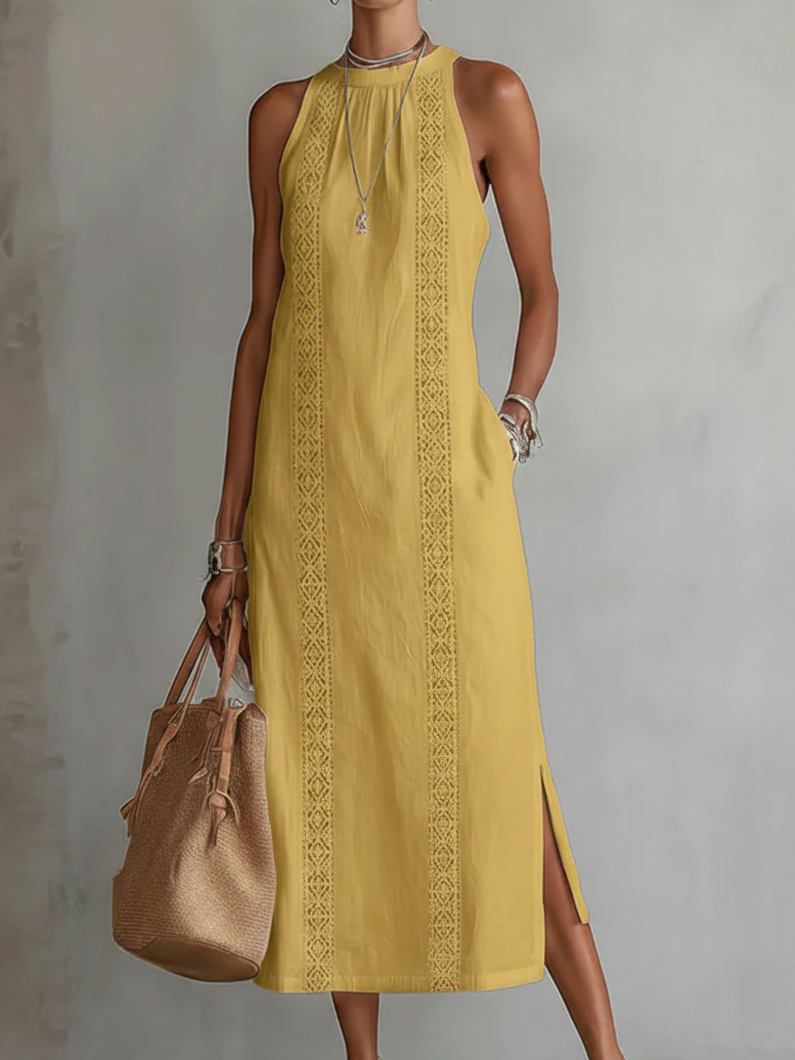 Angeles - Vestido midi de lino con cuello mao
