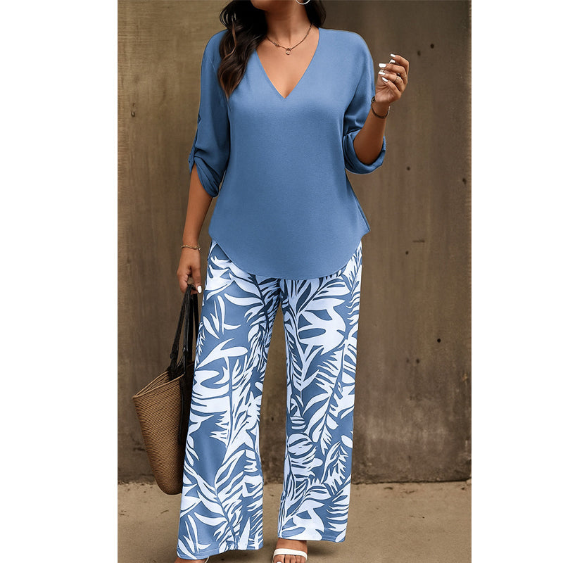 Liwia - Conjunto de verano elegante con blusa de escote en V y pantalones estampados