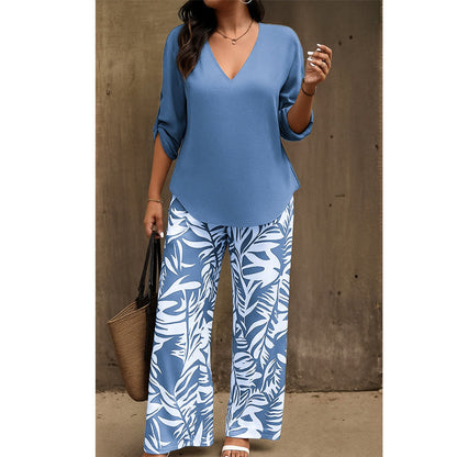 Liwia - Conjunto de verano elegante con blusa de escote en V y pantalones estampados