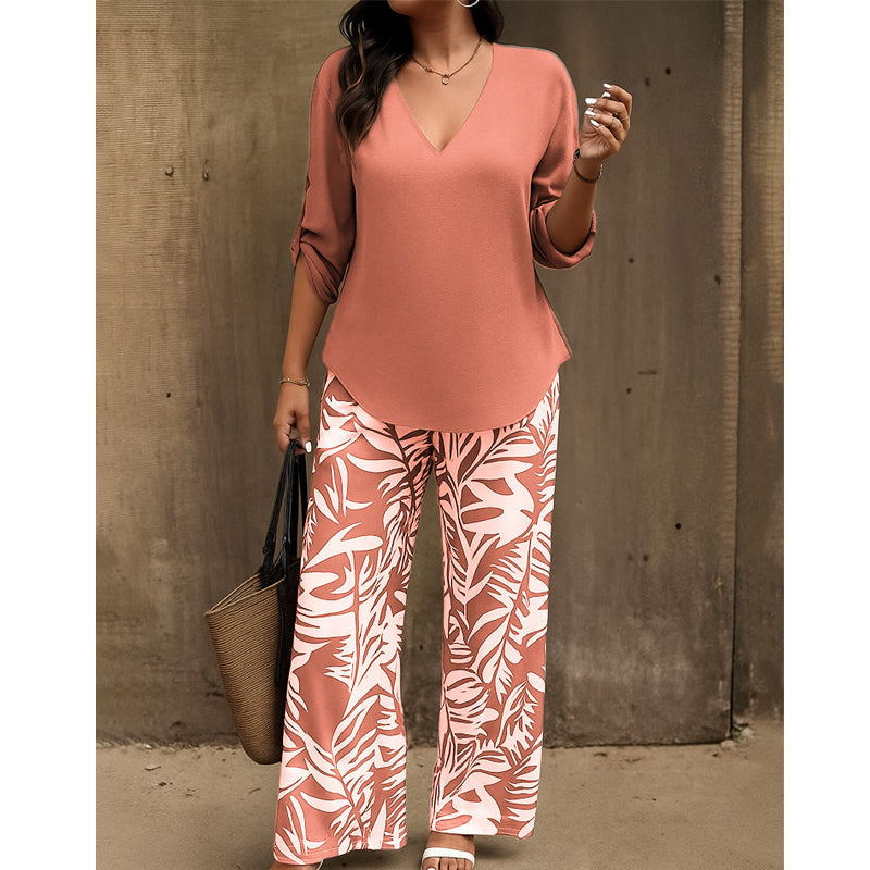 Liwia - Conjunto de verano elegante con blusa de escote en V y pantalones estampados