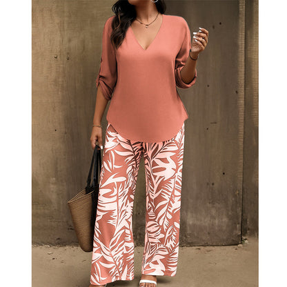 Liwia - Conjunto de verano elegante con blusa de escote en V y pantalones estampados