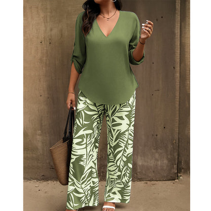 Liwia - Conjunto de verano elegante con blusa de escote en V y pantalones estampados