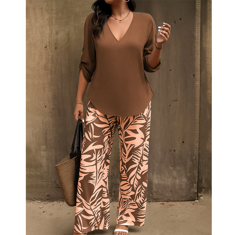 Liwia - Conjunto de verano elegante con blusa de escote en V y pantalones estampados