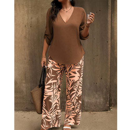 Liwia - Conjunto de verano elegante con blusa de escote en V y pantalones estampados