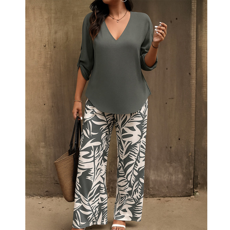 Liwia - Conjunto de verano elegante con blusa de escote en V y pantalones estampados