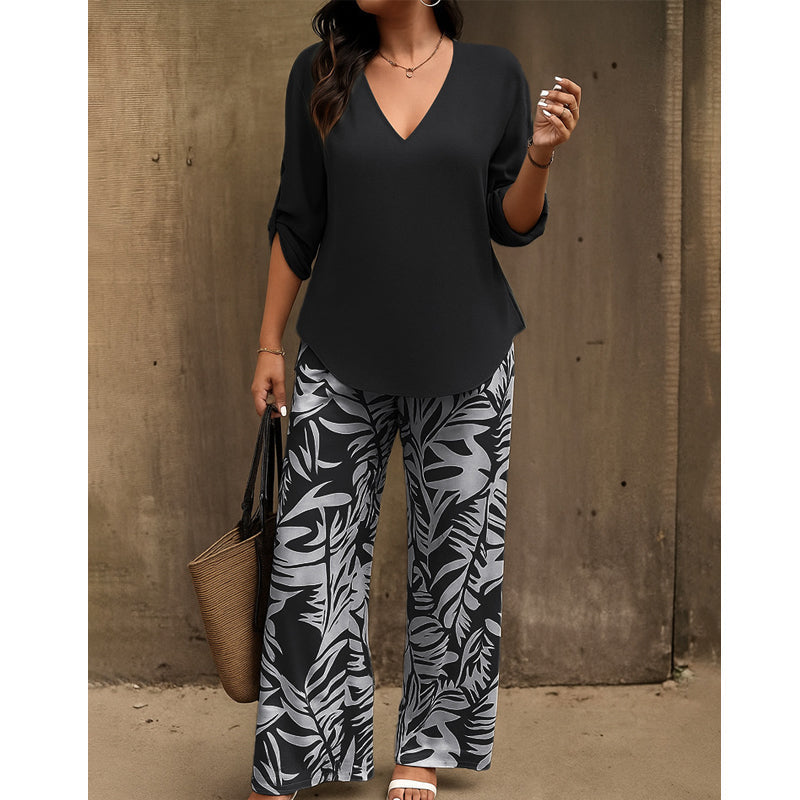 Liwia - Conjunto de verano elegante con blusa de escote en V y pantalones estampados