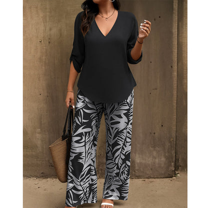 Liwia - Conjunto de verano elegante con blusa de escote en V y pantalones estampados