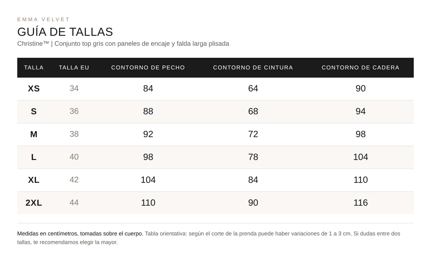 Tabla de tallas