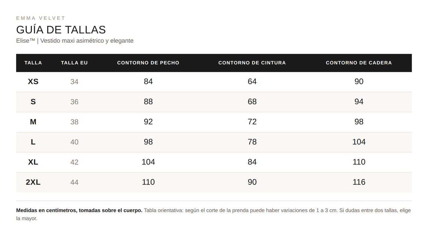 Tabla de tallas